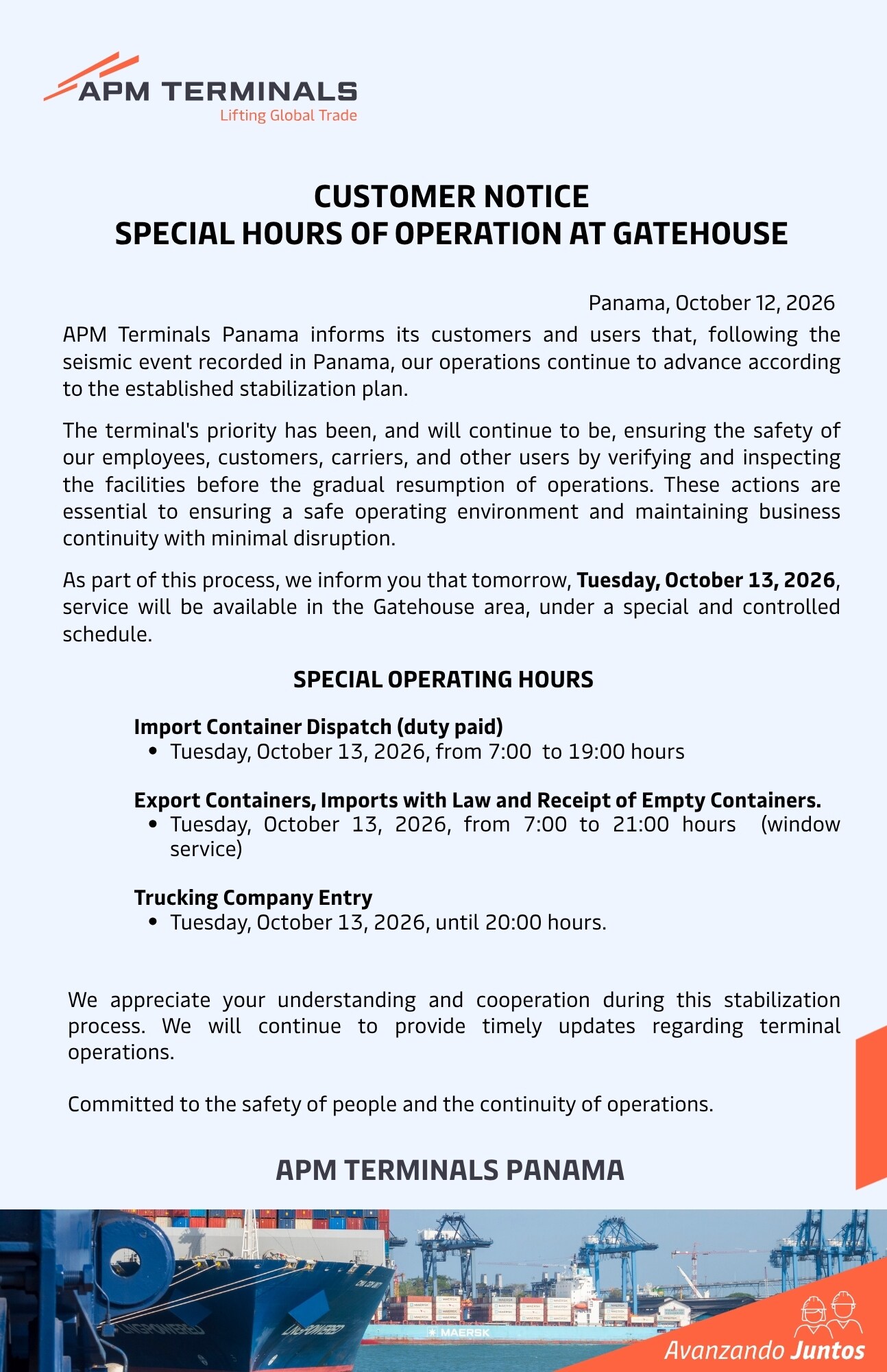 SPECIAL HOURS OF OPERATION
