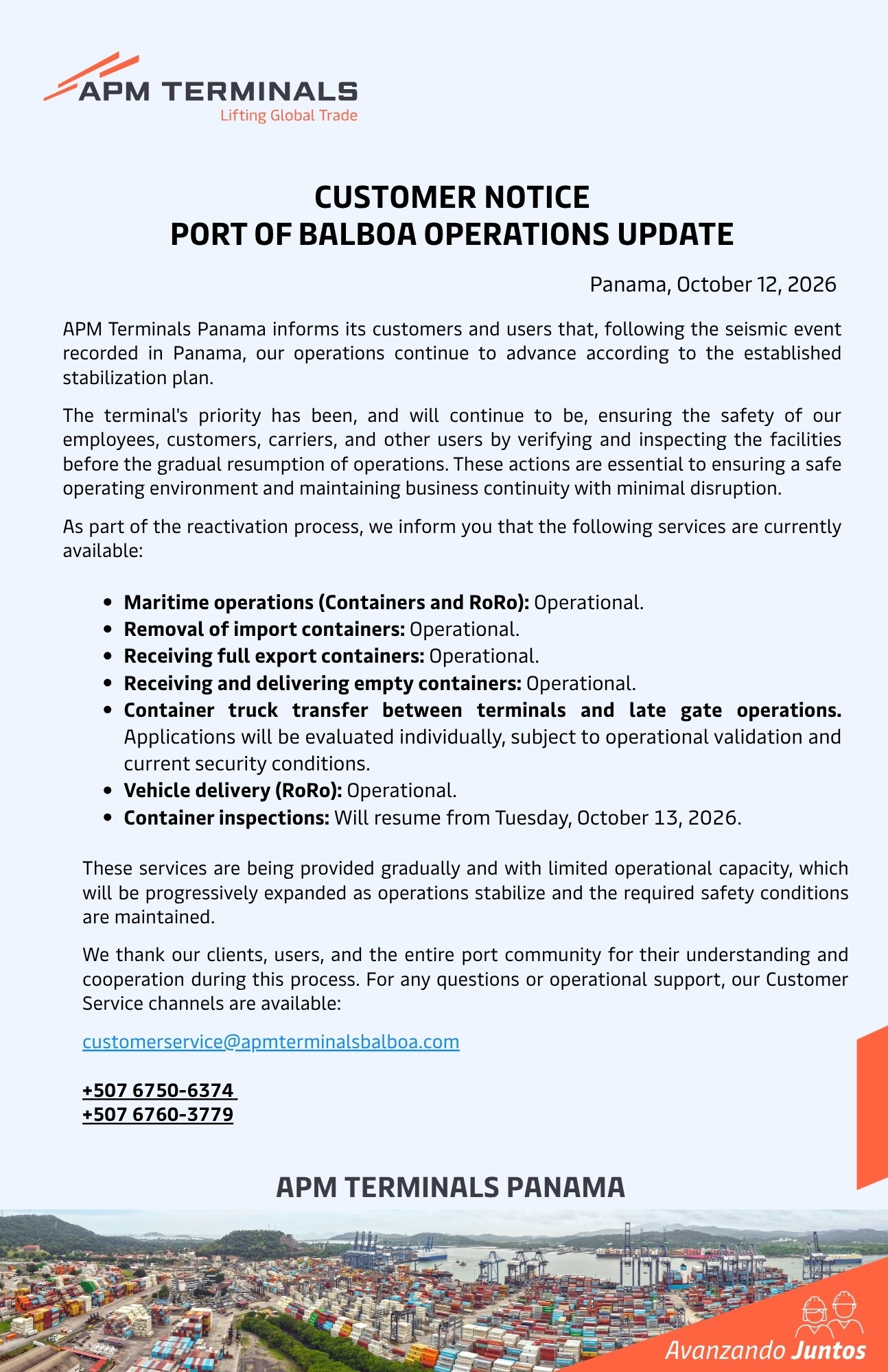Port of Balboa Operations Update