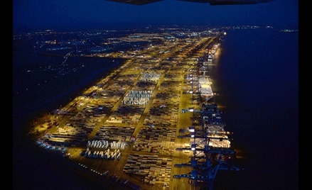 North Sea Terminal Bremerhaven with 6 18000 TEU vessels berthed