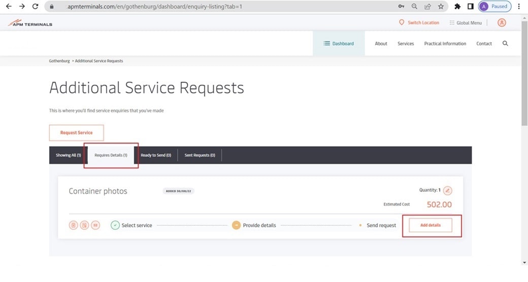 Add Service Request Additional Service Requests - APM Terminals