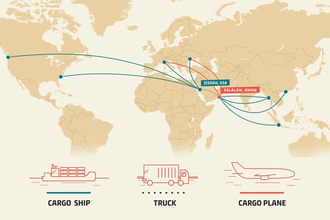 Map of alternative red sea shipping alternatives via Salalah