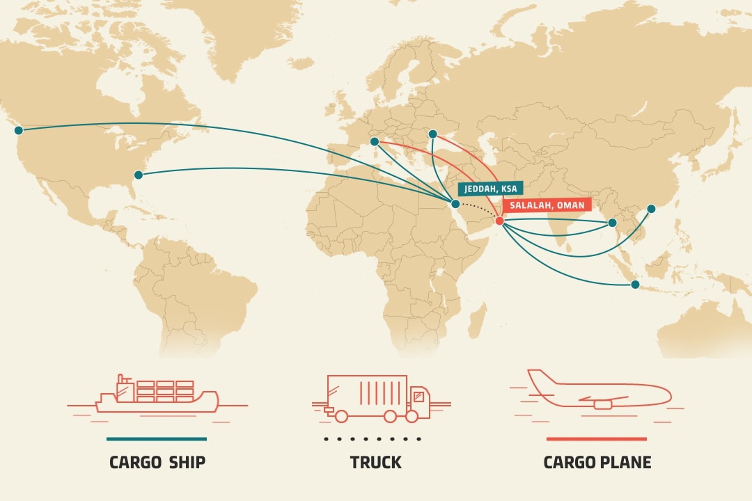 Map of alternative red sea shipping alternatives via Salalah